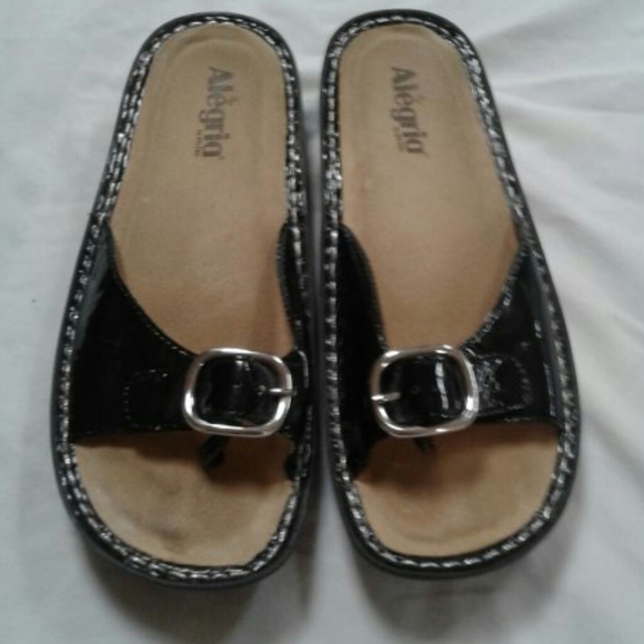 - Alegria Black Patent Thong Sandals women…